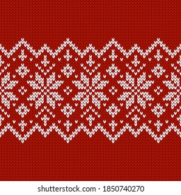 Scandinavian knitted seamless pattern. Norwegian native style sweater, ornament with snowflakes. Fair Isle design. Wool texture. Winter holiday background. Vector illustration.