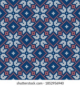 Scandinavian knitted seamless pattern. Norwegian native style sweater with snowflakes. Wool texture. Winter holiday background. Vector illustration.
