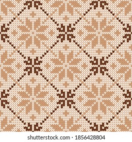 Patrón ininterrumpido de punto escandinavo. Suéter noruego de estilo nativo. Textura de lana. Fondo de vacaciones de invierno. Ilustración vectorial con copos de nieve.