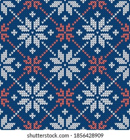 Scandinavian knitted seamless pattern. Norwegian native style sweater with snowflakes. Wool texture. Winter holiday background. Vector illustration.