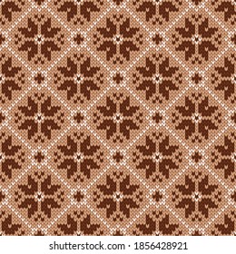 Skandinavisches Strickmuster. Norwegischer Pullover im einheimischen Stil. Wolltextur. Winterurlaub, Hintergrund. Vektorgrafik mit Schneeflocken.