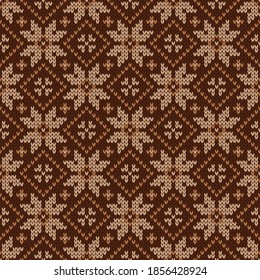 Scandinavian knitted seamless pattern. Norwegian native style sweater. Wool texture. Winter holiday background. Vector illustration with snowflakes.