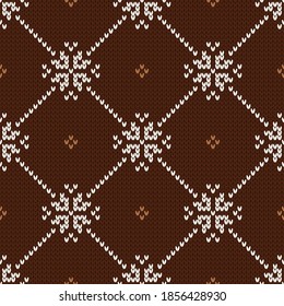 Scandinavian knitted seamless pattern. Norwegian native style sweater. Wool texture. Winter holiday background. Vector illustration with snowflakes.