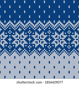 Scandinavian knitted seamless pattern. Norwegian native style sweater, ornament with snowflakes. Fair Isle design. Wool texture. Winter holiday background. Vector illustration.
