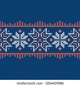 Skandinavisches Strickmuster. Norwegischer einheimischer Pullover, Ornament mit Schneeflocken. Fair Isle Design. Wolltextur. Winterurlaub, Hintergrund. Vektorgrafik.
