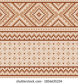 Scandinavian knitted seamless pattern. Norwegian native style sweater, ornament with snowflakes. Fair Isle design. Wool texture. Winter holiday background. Vector illustration.