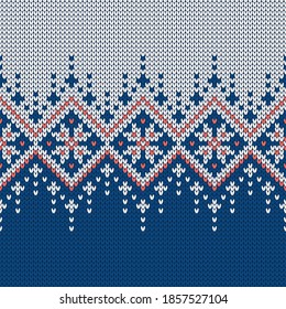 Patrón ininterrumpido de punto escandinavo. Suéter noruego de estilo nativo, adorno con copos de nieve. Diseño de Fair Isle. Textura de lana. Fondo de vacaciones de invierno. Ilustración vectorial.