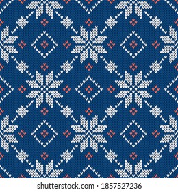 Scandinavian knitted seamless pattern. Norwegian native style sweater with snowflakes. Wool texture. Winter holiday background. Vector illustration.