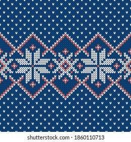 Patrón ininterrumpido de punto escandinavo. Suéter noruego de estilo nativo, adorno con copos de nieve. Diseño de Fair Isle. Textura de lana. Fondo de vacaciones de invierno. Ilustración vectorial.