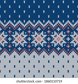 Scandinavian knitted seamless pattern. Norwegian native style sweater, ornament with snowflakes. Fair Isle design. Wool texture. Winter holiday background. Vector illustration.