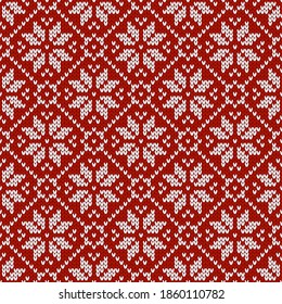 Scandinavian knitted seamless pattern. Norwegian native style sweater with snowflakes. Wool texture. Winter holiday background. Vector illustration.