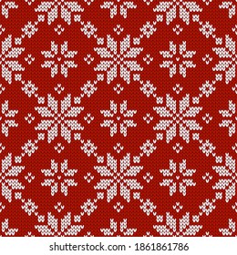Patrón ininterrumpido de punto escandinavo. Suéter noruego de estilo nativo con copos de nieve. Textura de lana. Fondo de vacaciones de invierno. Ilustración vectorial.