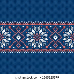 Scandinavian knitted seamless pattern. Norwegian native style sweater, ornament with snowflakes. Fair Isle design. Wool texture. Winter holiday background. Vector illustration.