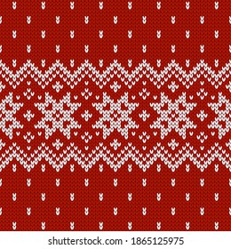Scandinavian knitted seamless pattern. Norwegian native style sweater, ornament with snowflakes. Fair Isle design. Wool texture. Winter holiday background. Vector illustration.