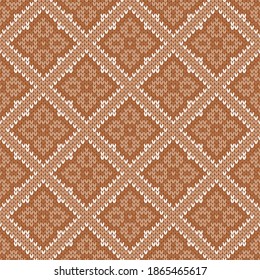 Scandinavian knitted seamless pattern. Norwegian native style sweater. Wool texture. Winter holiday background. Vector illustration with snowflakes.