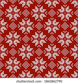 Scandinavian knitted seamless pattern. Norwegian native style sweater with snowflakes. Wool texture. Winter holiday background. Vector illustration.