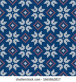 Scandinavian knitted seamless pattern. Norwegian native style sweater with snowflakes. Wool texture. Winter holiday background. Vector illustration.