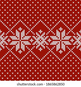 Scandinavian knitted seamless pattern. Norwegian native style sweater, ornament with snowflakes. Fair Isle design. Wool texture. Winter holiday background. Vector illustration.