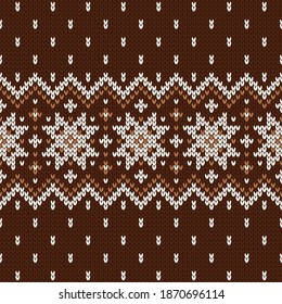 Scandinavian knitted seamless pattern. Norwegian native style sweater, ornament with snowflakes. Fair Isle design. Wool pattern. Winter holiday background. Vector illustration.