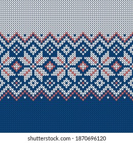 Scandinavian knitted seamless pattern. Norwegian native style sweater, ornament with snowflakes. Fair Isle design. Wool pattern. Winter holiday background. Vector illustration.