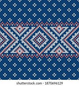 Scandinavian knitted seamless pattern. Norwegian native style sweater, ornament with snowflakes. Fair Isle design. Wool pattern. Winter holiday background. Vector illustration.