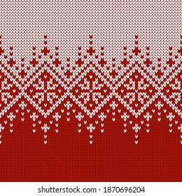 Scandinavian knitted seamless pattern. Norwegian native style sweater, ornament with snowflakes. Fair Isle design. Wool pattern. Winter holiday background. Vector illustration.