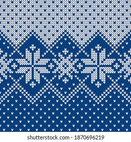 Patrón ininterrumpido de punto escandinavo. Suéter noruego de estilo nativo, adorno con copos de nieve. Diseño de Fair Isle. Patrón de lana. Fondo de vacaciones de invierno. Ilustración vectorial.