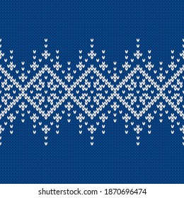 Scandinavian knitted seamless pattern. Norwegian native style sweater, ornament with snowflakes. Fair Isle design. Wool texture. Winter holiday background. Vector illustration.