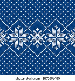 Scandinavian knitted seamless pattern. Norwegian native style sweater, ornament with snowflakes. Fair Isle design. Wool texture. Winter holiday background. Vector illustration.