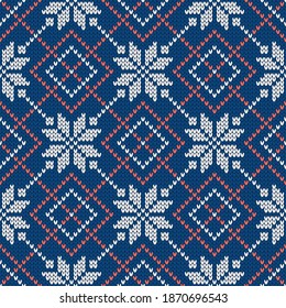 Scandinavian knitted seamless pattern. Norwegian native style sweater with snowflakes. Wool texture. Winter holiday background. Vector illustration.