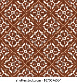 Scandinavian knitted seamless pattern. Norwegian native style sweater. Wool texture. Winter holiday background. Vector illustration with snowflakes.