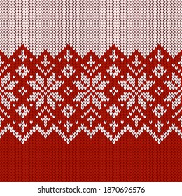 Scandinavian knitted seamless pattern. Norwegian native style sweater, ornament with snowflakes. Fair Isle design. Wool texture. Winter holiday background. Vector illustration.