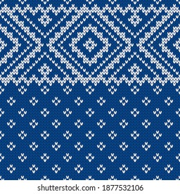 Scandinavian knitted seamless pattern. Norwegian native style sweater, ornament with snowflakes. Fair Isle design. Wool texture. Winter holiday background. Vector illustration.