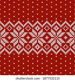 Scandinavian knitted seamless pattern. Norwegian native style sweater, ornament with snowflakes. Fair Isle design. Wool texture. Winter holiday background. Vector illustration.