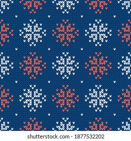 Scandinavian knitted seamless pattern. Norwegian native style sweater with snowflakes. Wool texture. Winter holiday background. Vector illustration.