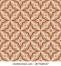 Scandinavian knitted seamless pattern. Norwegian native style sweater. Wool texture. Winter holiday background. Vector illustration with snowflakes.