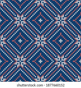 Scandinavian knitted seamless pattern. Norwegian native style sweater with snowflakes. Wool texture. Winter holiday background. Vector illustration.