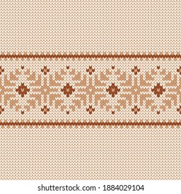 Scandinavian knitted seamless pattern. Norwegian native style sweater, ornament with snowflakes. Fair Isle design. Wool texture. Winter holiday background. Vector illustration.