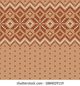 Scandinavian knitted seamless pattern. Norwegian native style sweater, ornament with snowflakes. Fair Isle design. Wool texture. Winter holiday background. Vector illustration.