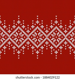 Scandinavian knitted seamless pattern. Norwegian native style sweater, ornament with snowflakes. Fair Isle design. Wool texture. Winter holiday background. Vector illustration.