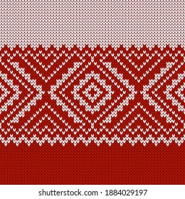 Scandinavian knitted seamless pattern. Norwegian native style sweater, ornament with snowflakes. Fair Isle design. Wool texture. Winter holiday background. Vector illustration.