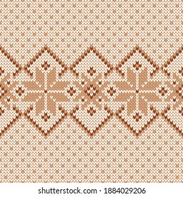 Scandinavian knitted seamless pattern. Norwegian native style sweater, ornament with snowflakes. Fair Isle design. Wool texture. Winter holiday background. Vector illustration.