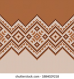 Scandinavian Knitted Seamless Pattern. Norwegian Native Style Sweater, Ornament With Snowflakes. Fair Isle Design. Wool Texture. Winter Holiday Background. Vector Illustration.