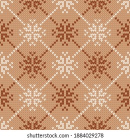 Scandinavian knitted seamless pattern. Norwegian native style sweater. Wool texture. Winter holiday background. Vector illustration with snowflakes.