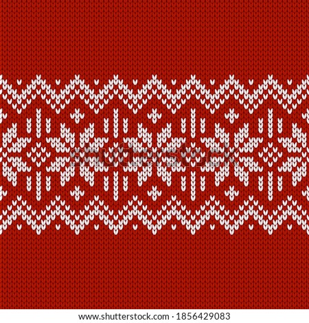 Scandinavian knitted seamless pattern. Norwegian native style sweater, ornament with snowflakes. Fair Isle design. Wool texture. Winter holiday background. Vector illustration.