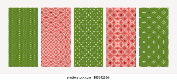 Juego de patrones de punto escandinavo sin soldadura. Suéter noruego de estilo nativo con copos de nieve y puntos. Textura de lana. Colección de antecedentes de vacaciones de invierno con colores rojos y verdes. Ilustración vectorial.