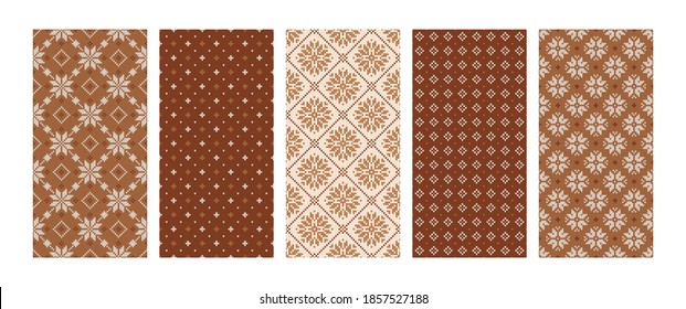 Scandinavian knitted seamless patterns set. Norwegian native style sweater with snowflakes and dots. Wool texture. Collection of winter holiday backgrounds in beige, brown colors. Vector illustration.