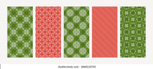 Juego de patrones de punto escandinavo sin soldadura. Suéter noruego de estilo nativo con copos de nieve y puntos. Textura de lana. Colección de antecedentes de vacaciones de invierno con colores rojos y verdes. Ilustración vectorial.