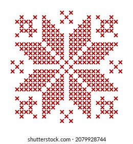 Scandinavian knitting pattern. Geometric redwork ornament for snowflake star embroidery. Perfect for Christmas cross-stitch design. Vector illustration