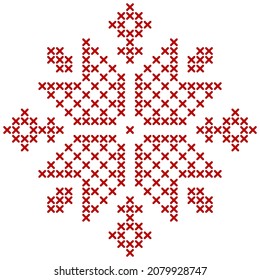 Scandinavian knitting pattern. Geometric redwork ornament for snowflake star embroidery. Perfect for Christmas cross-stitch design. Vector illustration